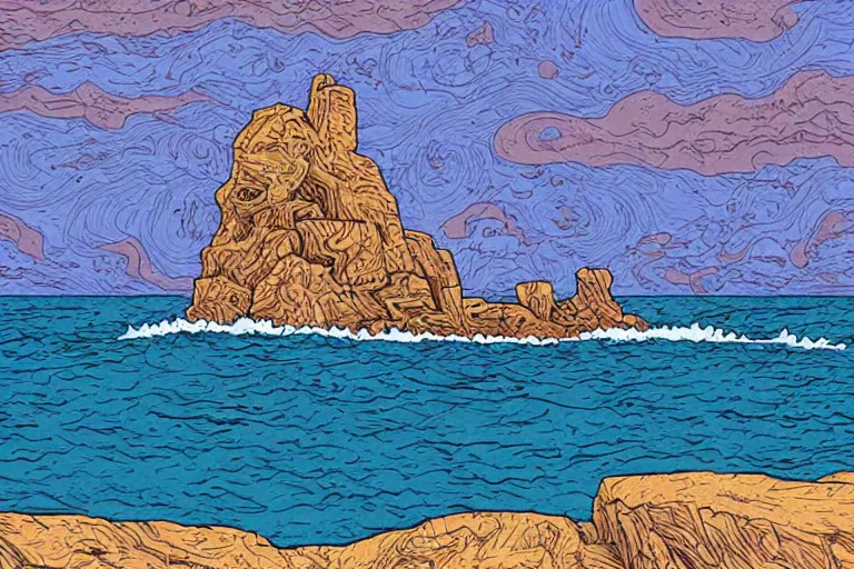 Image similar to seaside rocks in the style of Moebius