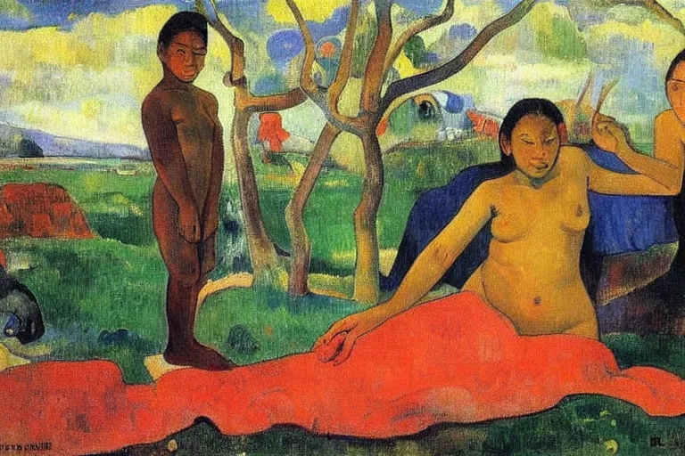 Image similar to there is another world very close to ours that we don't perceive directly, but they do interact sometimes. painting by paul gauguin ( 1 9 0 0 )