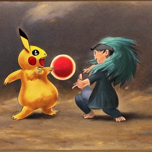 Prompt: two pokemon fighting, traditional art, 1800, painting