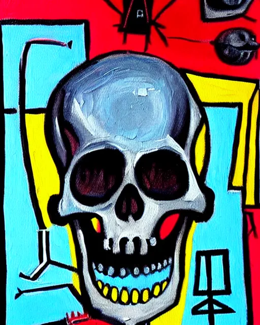 Image similar to detailed geometric oil painting of a terrified scientist skull skeleton by basquiat