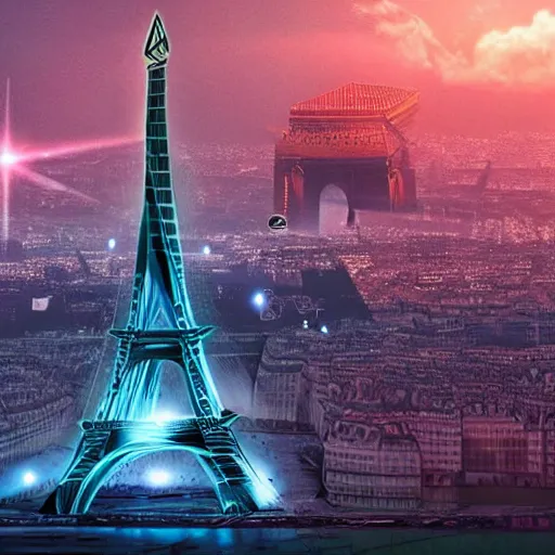 Prompt: Paris the French capital in 2050, attacked by a pyramid-shaped spaceship that shoots red lasers, multiple details, realistic, brilliant color, modern sci-fi movie style