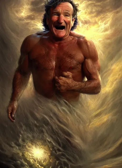 Prompt: robin williams in a raging thunder storm, cosmic horror painting, elegant intricate digital painting artstation concept art by mark brooks and brad kunkle detailed