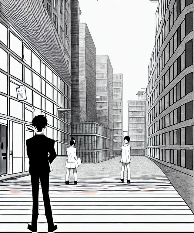 Prompt: A anime about a short-haired office solo worker standing on the sidewalk. Sharp high quality anime cover, fine details, straight lines, perfect faces, architecture in the background, masterpiece, shadows, art, highly detailed