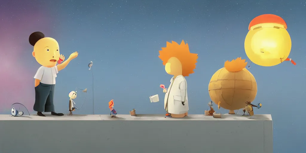 Prompt: cute cartoon einstein discovering the theory of relativity at night by goro fujita and simon stalenhag and wes anderson and alex andreev and chiho aoshima and beeple and banksy and kandinsky and magritte and basquiat and picasso, 8 k, trending on artstation, hyper detailed, cinematic