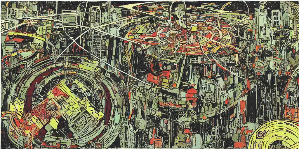 Prompt: aerial top down comic illustration of a man eaten by a machine in the centre of the composition, encircled by cybernetic gateways, by peter doig, very detailed