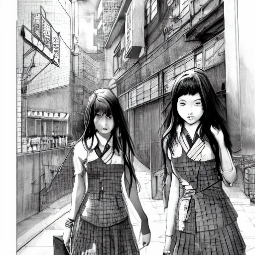 Image similar to a perfect, realistic professional digital sketch of a Japanese schoolgirls posing in a cyberpunk alleyway, style of Marvel, full length, by pen and watercolor, by a professional American senior artist on ArtStation, a high-quality hollywood-style sketch, on high-quality paper