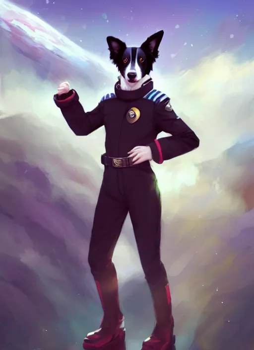 Prompt: wide angle beautiful full body portrait of a cute male anthropomorphic border collie fursona wearing a starfleet uniform on a starship and posing in front of a window, character design by charlie bowater, henry asencio, and ross tran, furry art, furaffinity, scenic background, beautiful, glamor pose, detailed, trending on artstation