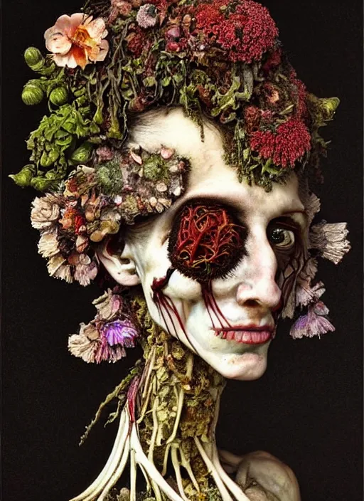 Image similar to beautiful and detailed rotten woman made of plants and many different types of flowers, muscles, intricate, organs, ornate, surreal, miguel angel, gustave courbet, caravaggio, romero ressendi, gunther von hagens