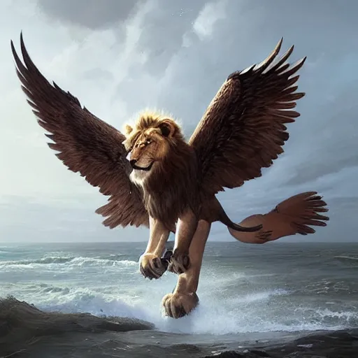 Image similar to A lion with eagle wings emerging from the sea , digital Art, Greg rutkowski, Trending artstation, cinematographic, hyperrealistic