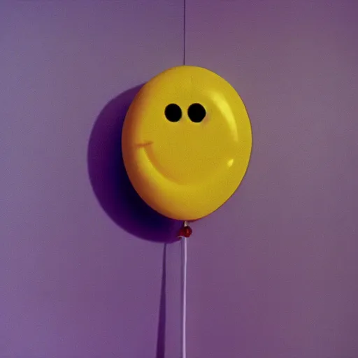 Image similar to still from a 1994 arthouse film about a depressed woman dressed as an inflatable smiley who meets a handsome younger man in a seedy motel room, color film, 16mm soft light, weird art on the wall