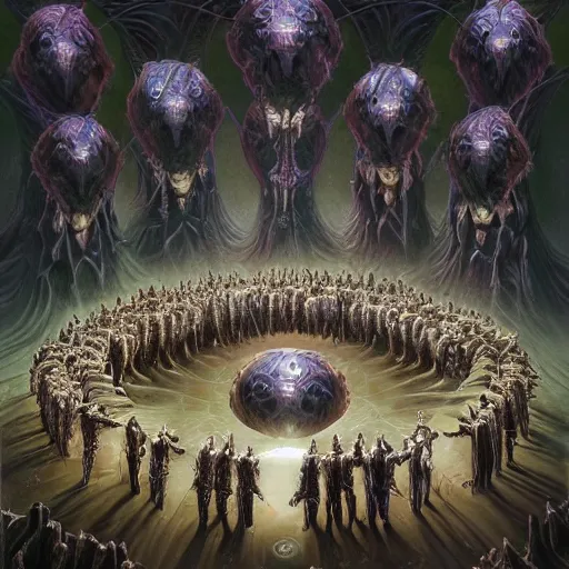 Prompt: a highly advanced quantum computer!!! a dark cabal of multiple hooded elven mystics in long robes gathered in a circular formation around a quantum computer, advanced technology, dan seagrave, michael whelan art, beautifully detailed epic scifi art, symmetrical, cgsociety, artstation