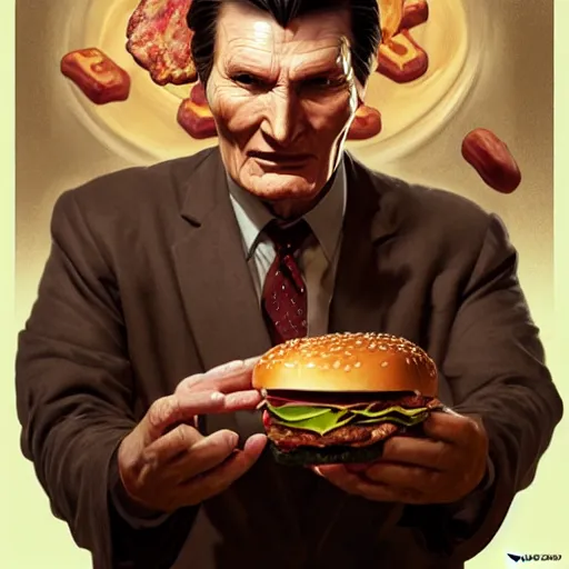 Prompt: portrait of jack palance eating hamburgers, extra onions and ketchup, luscious patty with sesame seeds, ethereal, handsome, d & d, fantasy, intricate, elegant, highly detailed, digital painting, artstation, concept art, matte, sharp focus, illustration, art by artgerm and greg rutkowski and alphonse mucha
