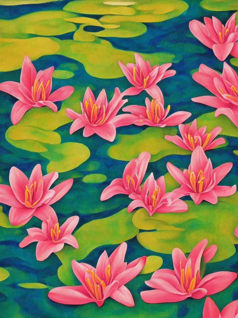 Prompt: an abstract painting of lilies in a pond by georgia o'keeffe,