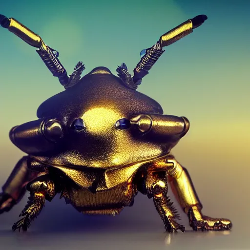 Image similar to Very high detailed rhinoceros beetle made of gold and metal standing on a carbon fiber background, smoke and powder, full body, big horn, robotic, nature, symmetrical, Greg Rutkowski, Charlie Bowater, Beeple, Unreal 5, hyperrealistic, dynamic lighting, fantasy art