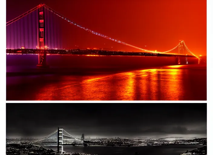 Image similar to cyberpunk scifi scene of san francisco skyline at night, golden gate bridge, artstation, matt painting, very detailed, maximalism, ambient occlusion, volumetric light, atmospheric haze, unreal engine, hyper realism, realistic shading, cinematic composition, realistic render, octane render, detailed textures, photorealistic, wide shot