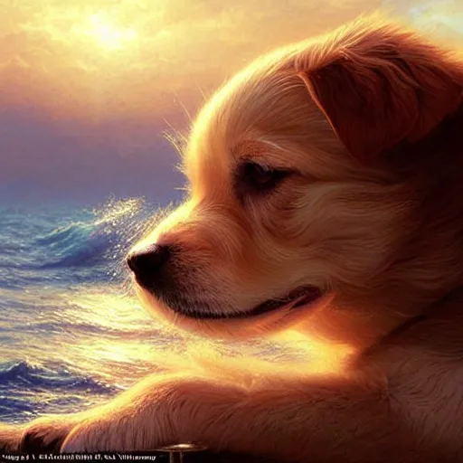 Image similar to a cute puppy on a windy day at the sea, eyes closed, wind through its fur, highly detailed, hyperrealistic, intricate, sunset in the background, rays of golden sunlight, oil painting by greg rutkowski and artgerm and wlop
