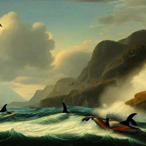 Image similar to orcas at sea, stormy, asher brown durand, highly detailed, artstation