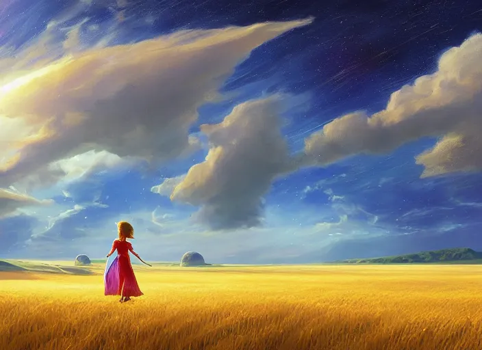 Image similar to a lone princess walks through a vast wheat field in the cosmic sky by vladimir volegov and alexander averin and peder mørk mønsted and ross tran and raphael lacoste