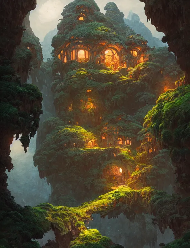 Prompt: the house in the cave, unreal engine, fantasy art by greg, loish, race, ferdinand knab, tom bagshaw, makoto shinkai and louis van baerle, rossdraws, ilya kuvshinov, night lighting, studio ghibli trends, highly detailed, 8 k, octane rendering