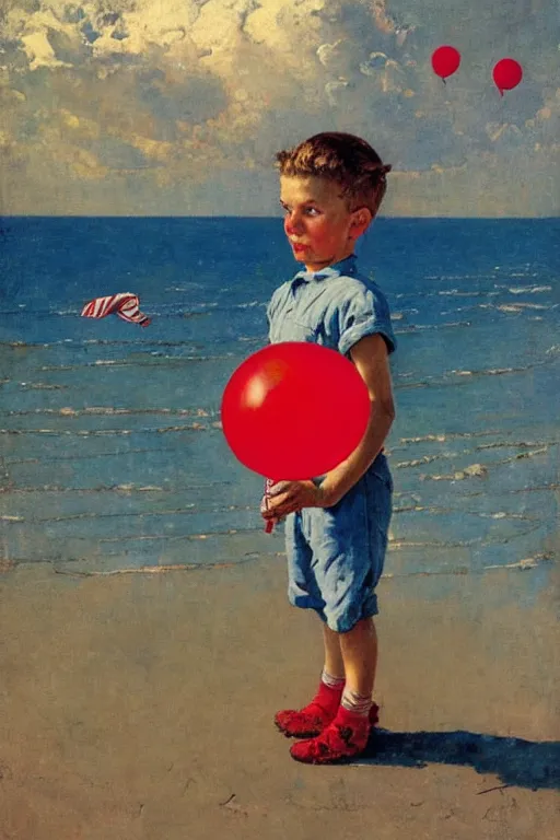 Image similar to a painting by Norman Rockwell of a young boy holding a red balloon at the beach, with dramatic clouds over the sea