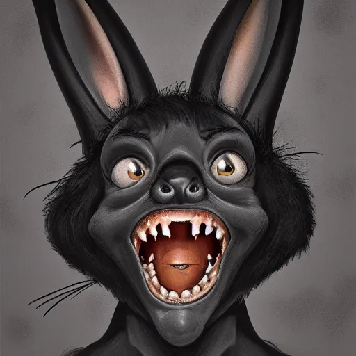 Image similar to A extremely highly detailed majestic hi-res beautiful, highly detailed head and shoulders portrait of a scary terrifying, horrifying, creepy black cartoon rabbit with scary big eyes, earing a shirt laughing in the style of Walt Disney