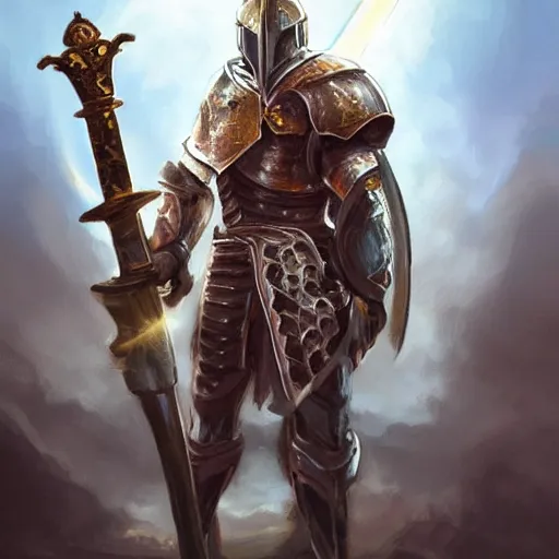 Image similar to Knight of the Light holds a glowing sword in front of him, fantastic art