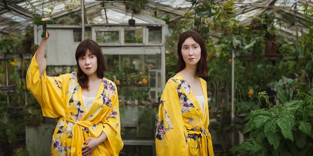 Prompt: A medium format head and shoulders portrait of a young woman wearing a yellow kimono in a greenhouse, she has a very detailed barn owl on her shoulder, graflex, bokeh