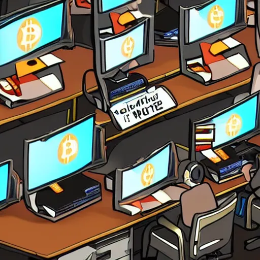 Image similar to fifty monkeys are staring a individual computer screens in a crowded cubicle - style office, the computer screens have bitcoin logos, in the style of the videogame disco elysium, harsh contrast lighting