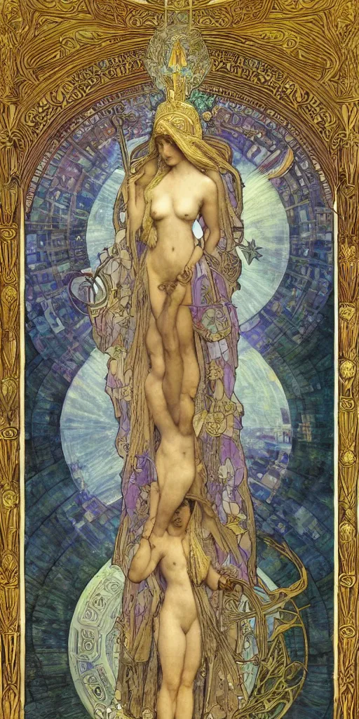 Prompt: saint woman, venus, athena, queen, by alphons mucha and annie swynnerton and nicholas roerich and jean delville, strong dramatic cinematic lighting, ornate headdress, flowing robes, spines, flowers, stars, lost civilizations, smooth, sharp focus, extremely detailed, blue marble, obsidian, gold, space