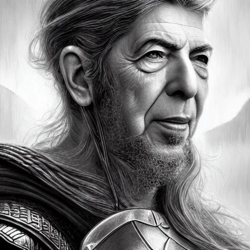 Image similar to glorious full head portrait of Leonard Cohen as thor, fantasy, intricate, elegant, digital painting, trending on artstation, concept art, sharp focus, illustration by Gaston Bussiere and artgerm, 4k.