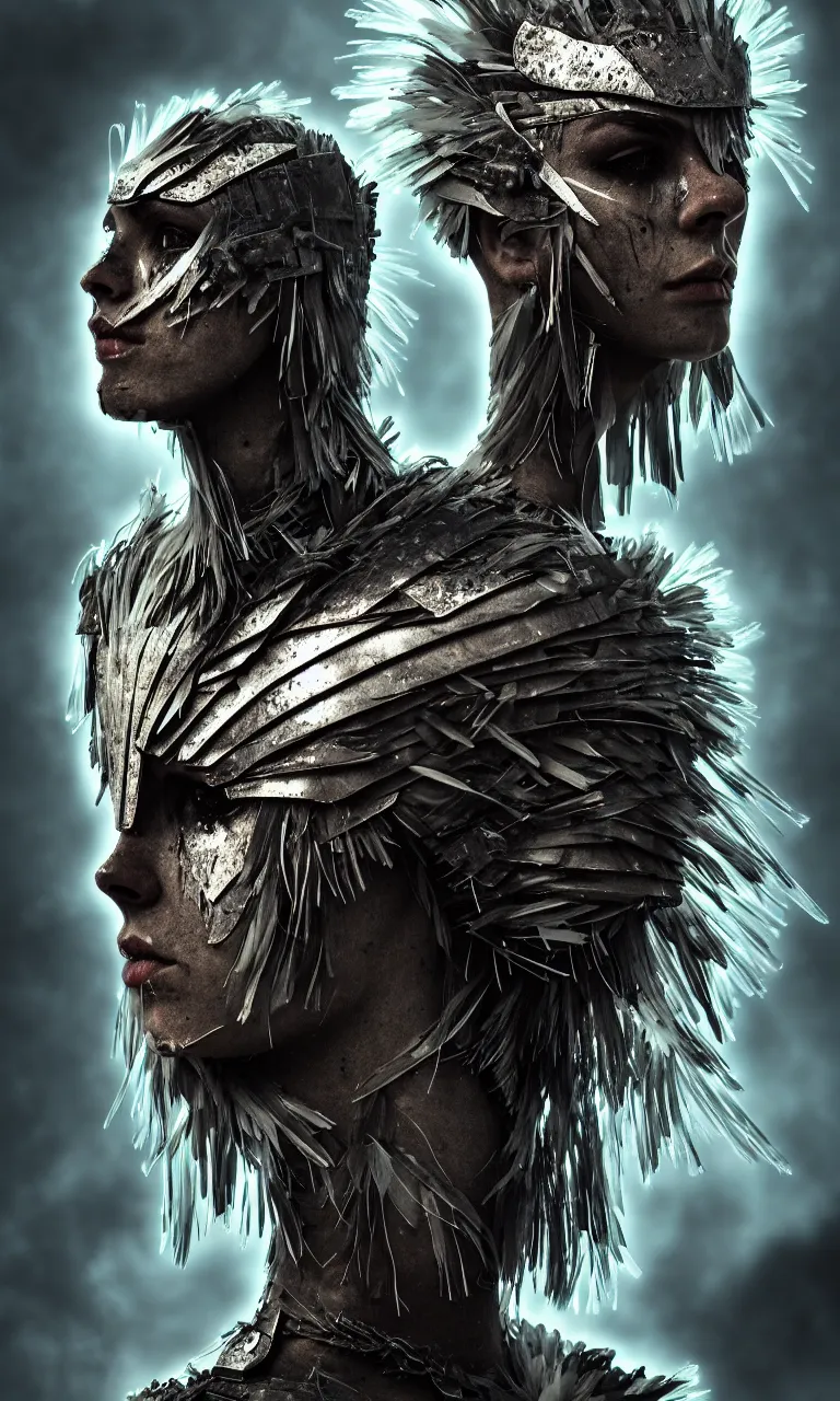 Image similar to an astonishing warrior wearing an armor made of feathers, strange energy emitting through body, scars on face, volumetric lighting, scary eyes, digital art,