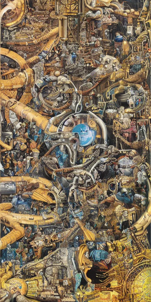 Prompt: epic mural of technological change through history by marcus akinlana, amanita aztec, basil wolverton, mc escher, dali, picasso, hr giger, wheres waldo, cybernetic river of transformation, vibrant but muted colors, gold flake, tin foiling, sparse collage