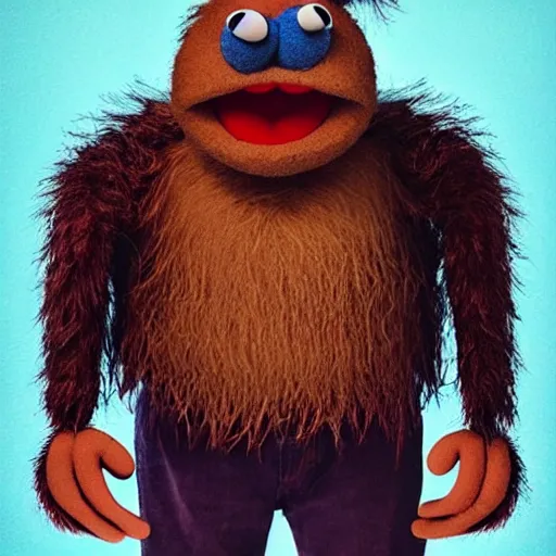 Image similar to a still of a forgotten muppet character looking very manly and modern, hilarious, laughing, hairy chest, huge chin, manly monster tough guy, roughled fur, photo real, photographic, photograph, artstation, trending, featured