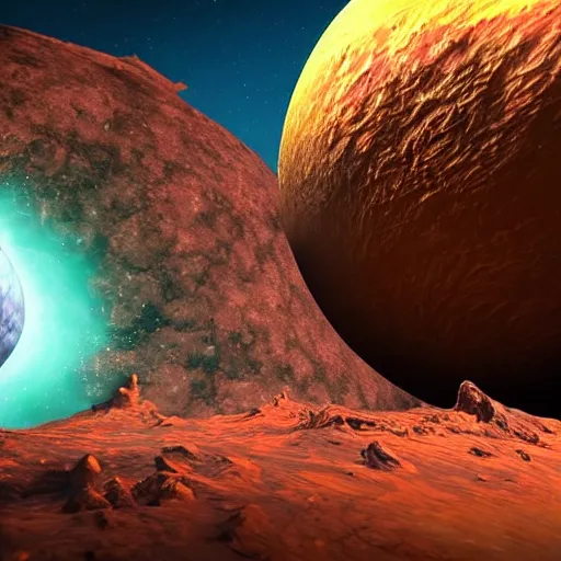 Image similar to a planet that shatters into pieces in space with a turquoise glow, and lovecraftian horror next to it unreal engine 4 realistic photo