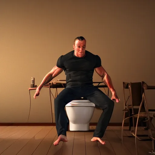 Prompt: cinematic still, Jean Claude Vandamme doing the splits, doing the spilts with his legs going pointing two separate directions, between two chairs over a toilet, golden hour, smiling, award winning, trending on artstation