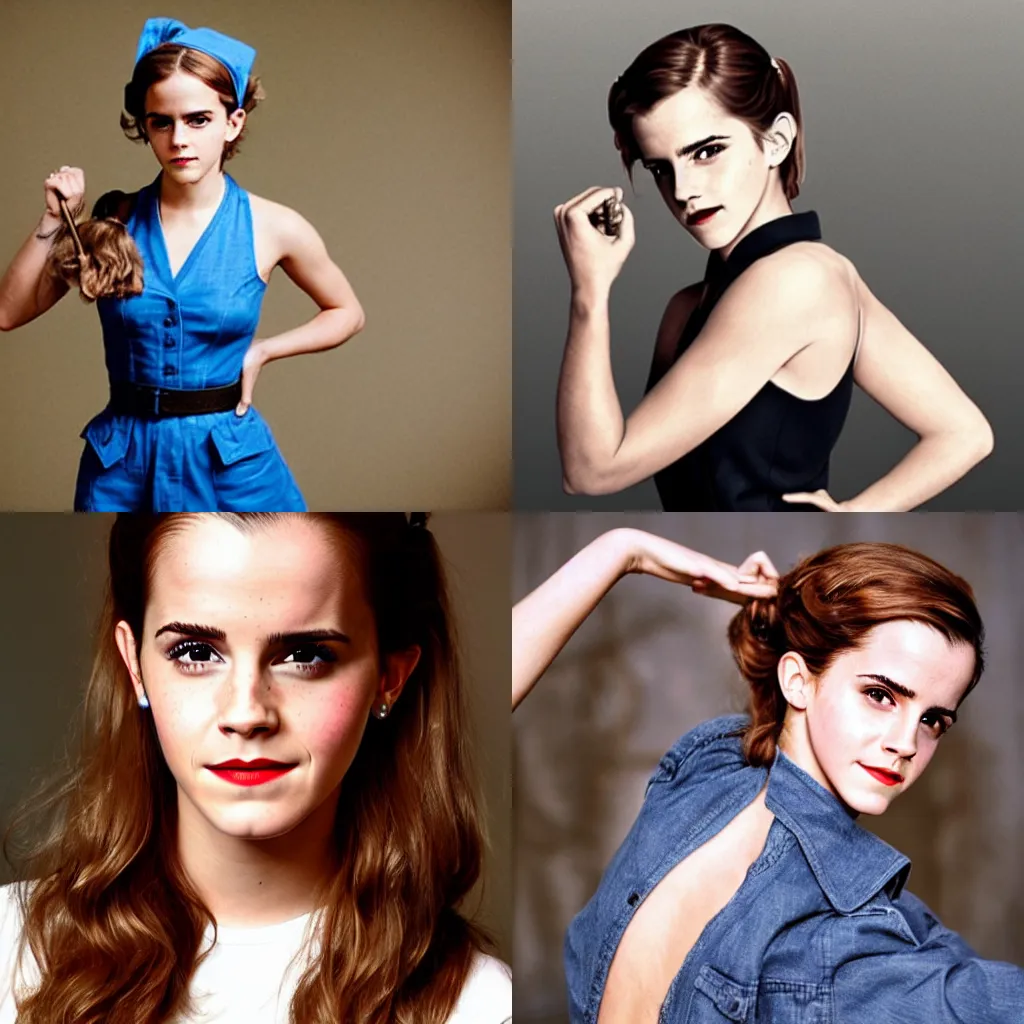 Prompt: Emma Watson posing as Rosie the Riveter