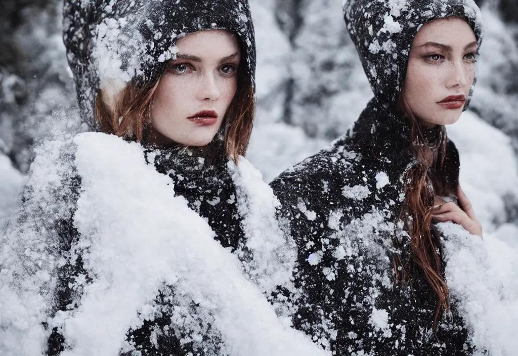 Image similar to fashion editorial in snow avalanche. highly detailed. depth of field. high definition. 8k. photography.