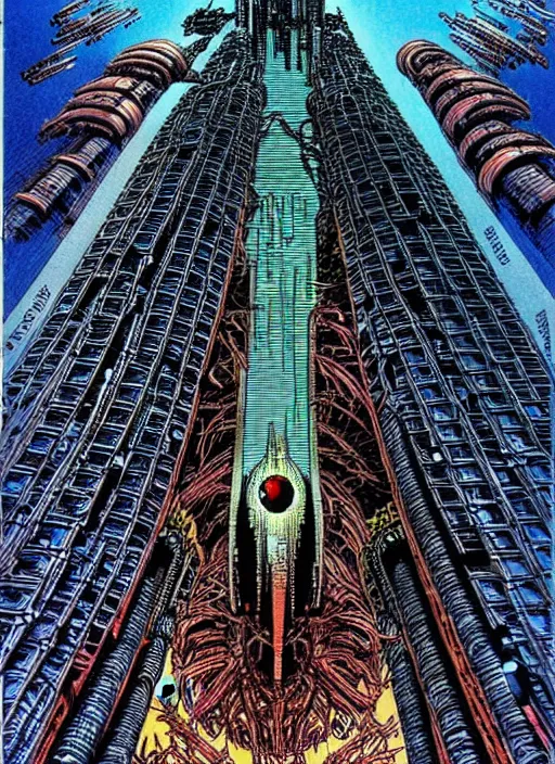 Prompt: a skyscraper with a huge doorway mouth on an alien planet by philippe druillet.