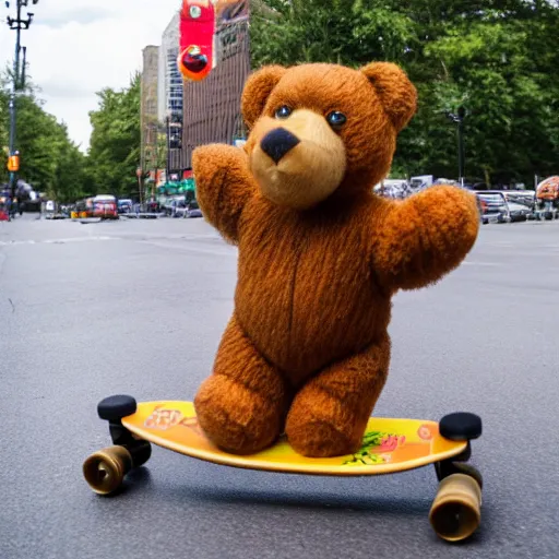 Prompt: a Teddy Bear on a skateboard in central new York law angle telephoto trending on 500px