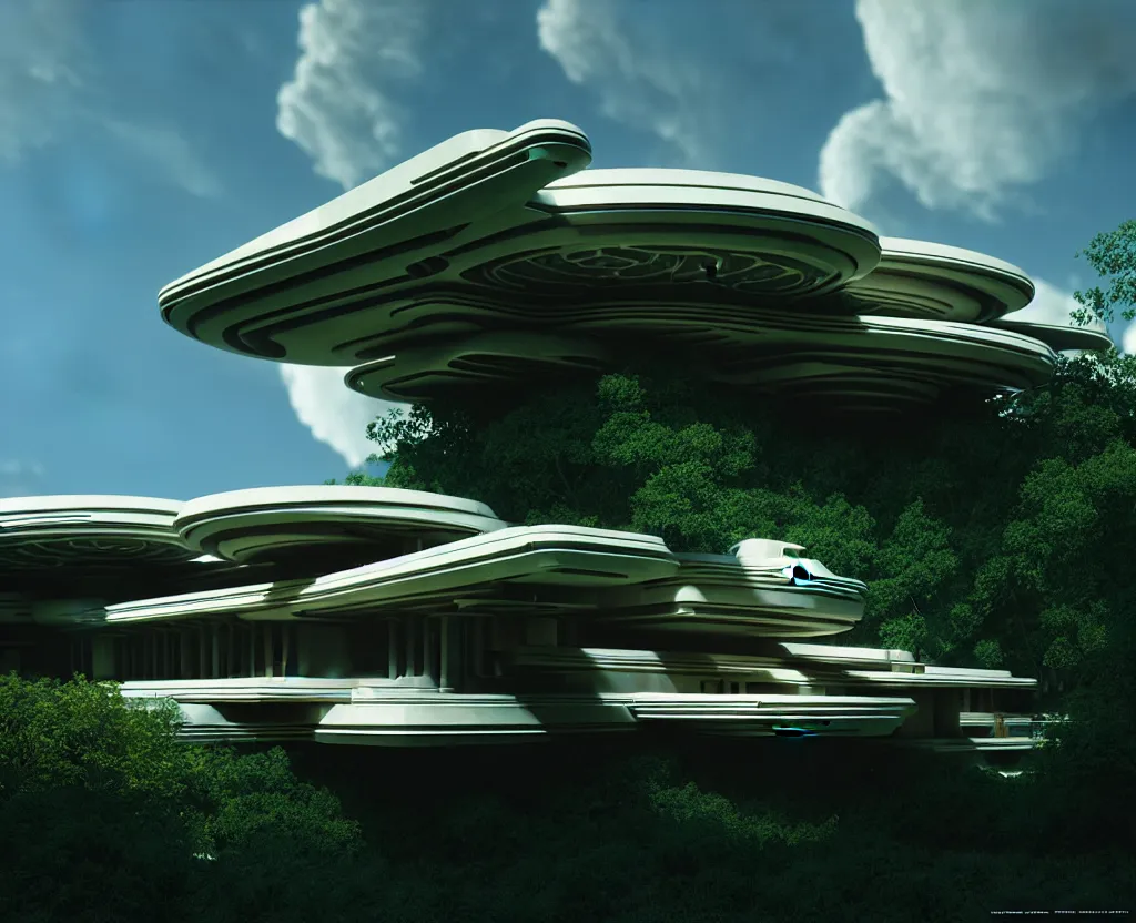 Image similar to futuristic sci-fi intricate rural architectural masterpiece by frank Lloyd wright and Zaha hadid, detailed, octane render, photo realism, 3D, ray tracing, photo realism