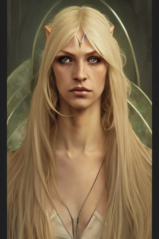Image similar to portrait of a blonde elven mage, dark, piercing eyes, gentle expression, elegant clothing, photorealistic, highly detailed, artstation, smooth, sharp focus, art by michael whelan, artgerm, greg rutkowski and alphonse mucha