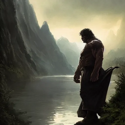 Prompt: the hulk starring as gandalf in lord of the rings, beautiful, serene colors, lake background, complimentary contrast, dramatic lighting, masterpiece, high contrast, painted by stanley lau, painted by greg rutkowski, painted by stanley artgerm, digital art, trending on artstation