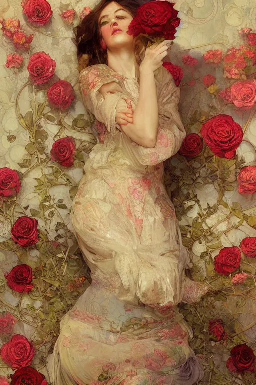 Image similar to an intricate artistic painting of a beautiful wallpaper art pattern made of elegant roses with painterly motives and textures, hyper detailed, octane render, vivid colors, artstation, by jeremy mann, by alphonse mucha