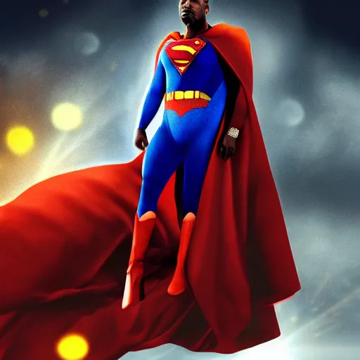 Image similar to Kanye West as superman 4k quality super realistic