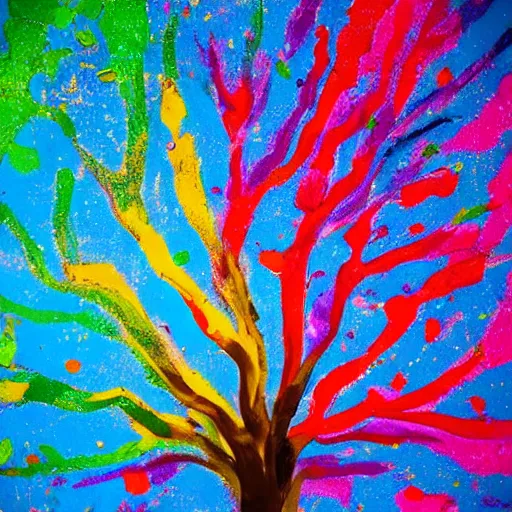 Prompt: a tree splattered in multicolored paint