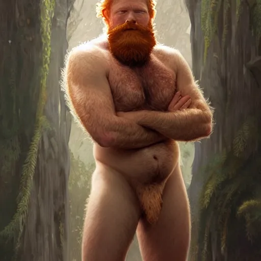 Image similar to beautiful natural middle aged bearded and very hairy male ginger god wearing only a white perizoma loincloth, intricate, elegant, highly detailed, digital painting, artstation, concept art, smooth art, sharp focus, illustration, art by artgerm and greg rutkowski and alphonse mucha and loish and WLOP