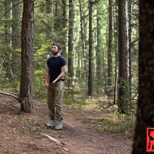 Prompt: in a forest, shia labeouf, expertly hiding behind a bolder, sneaking around looking at the camrea, at lest 6 feet away