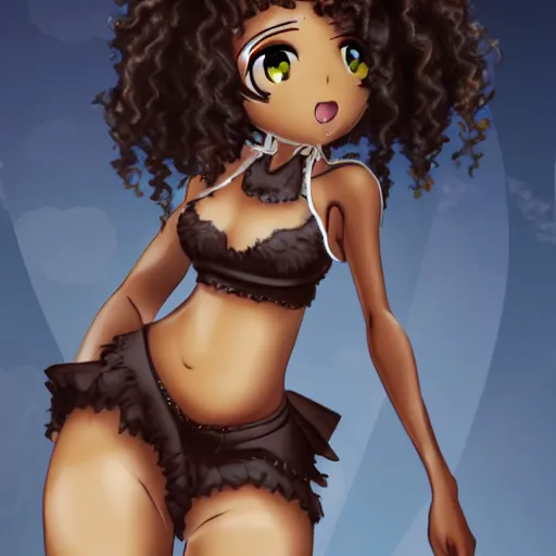 Prompt: A brown skinned woman with black curly hair as an anime character, highly detailed, cg society