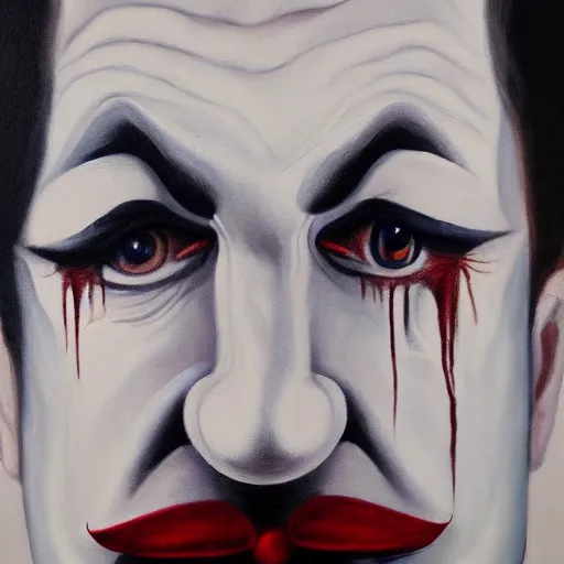 Prompt: a contemporary painting of a portrait of a depressed clown, oil on canvas, noir, trending on artstation