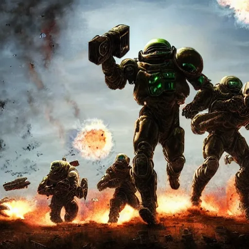 Image similar to hyper realism, surrealism, realistic apocalyptic war scene, explosions, science - fiction soldiers running with armour like doom slayer in the middle of explosions and bullets, view from far away,